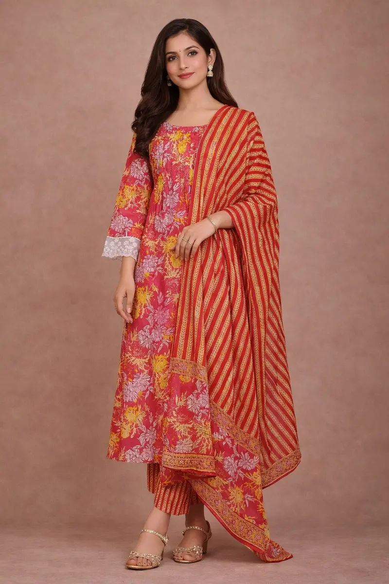 Pink Floral Design Printed Cotton Salwar Suit 1