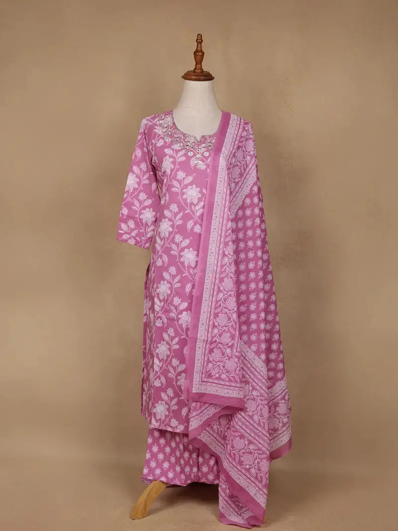 Pink Floral Design Printed Cotton Salwar Suit 1