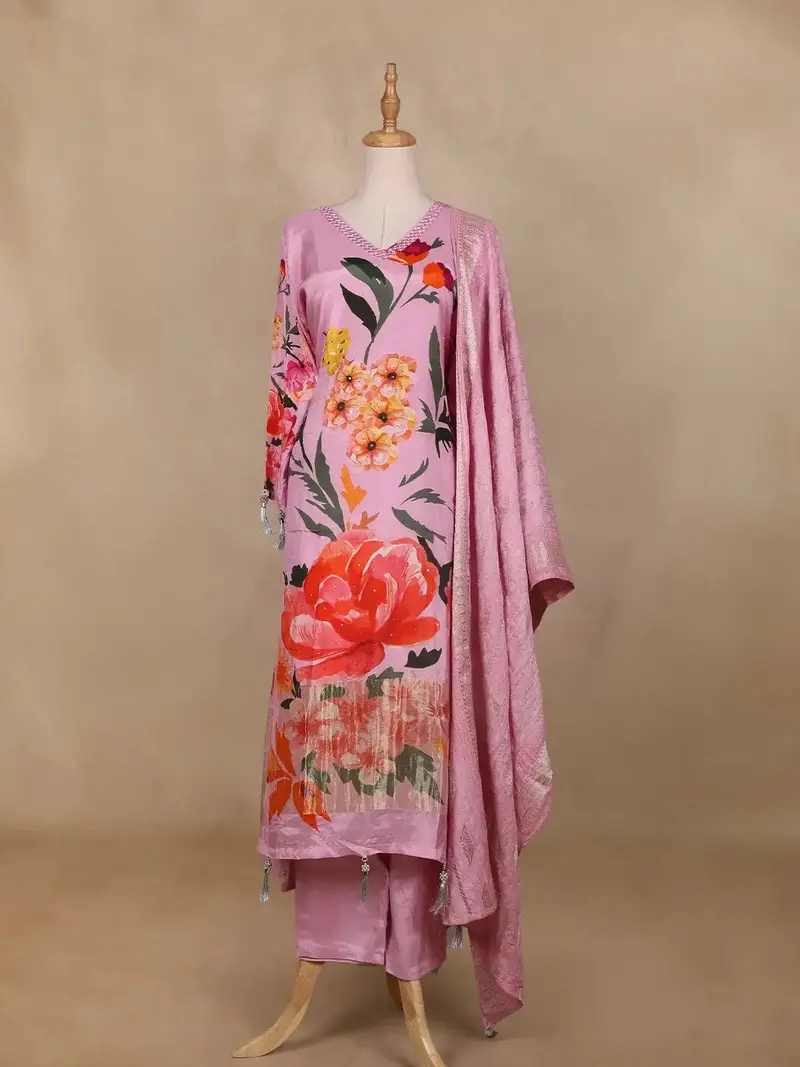 Pink Floral Design Printed Satin Salwar Suit 1