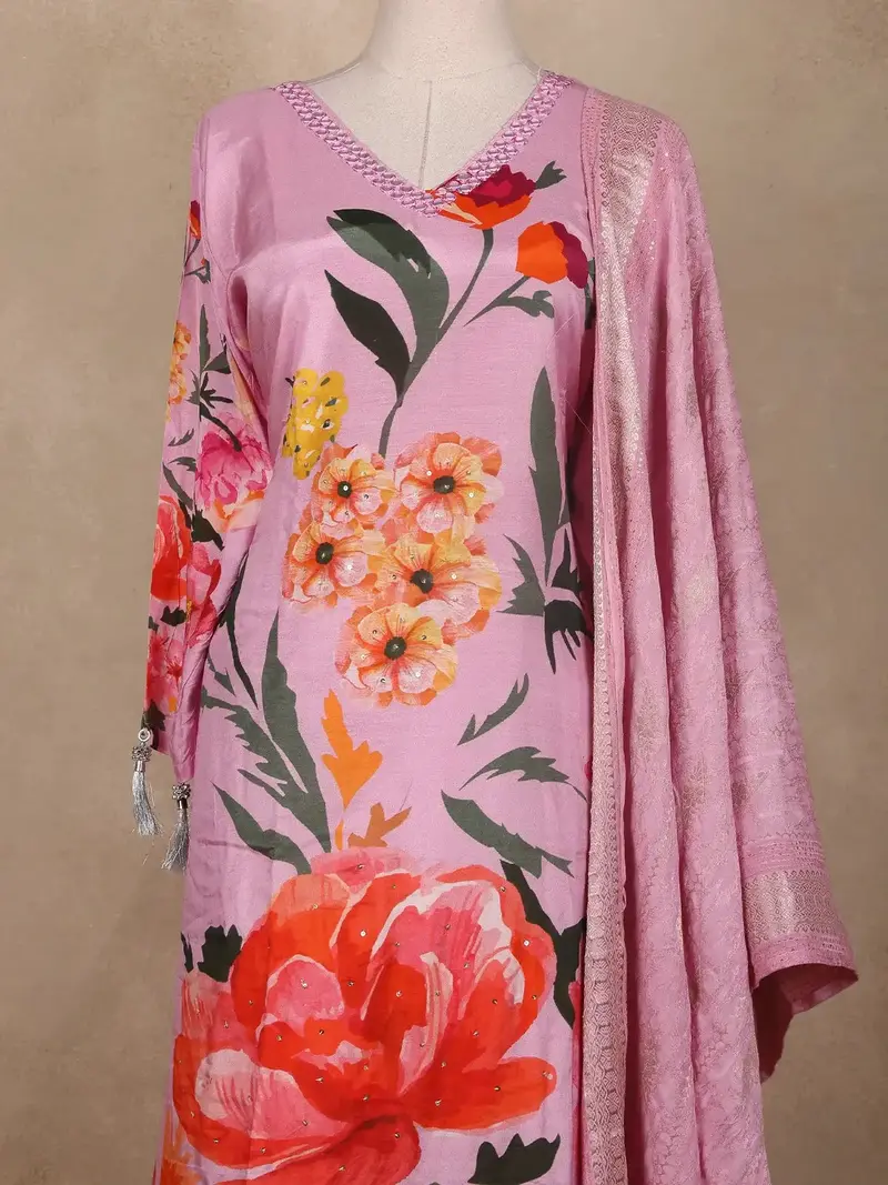 Pink Floral Design Printed Satin Salwar Suit 2
