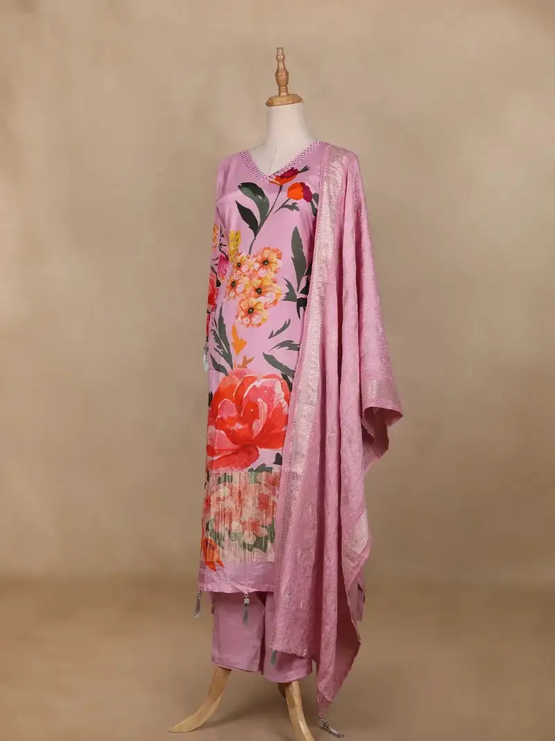 Pink Floral Design Printed Satin Salwar Suit 3
