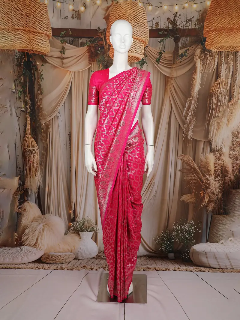 Pink Floral Design Semi Banarasi Saree 1