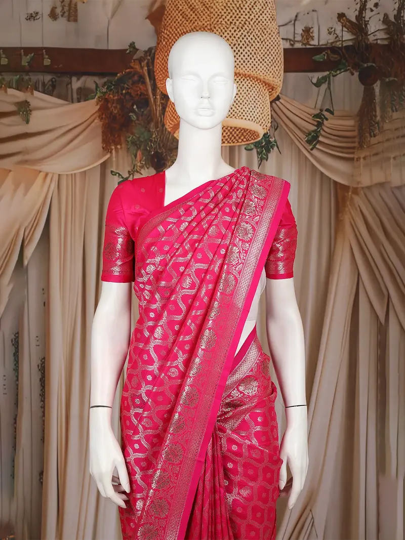 Pink Floral Design Semi Banarasi Saree 2