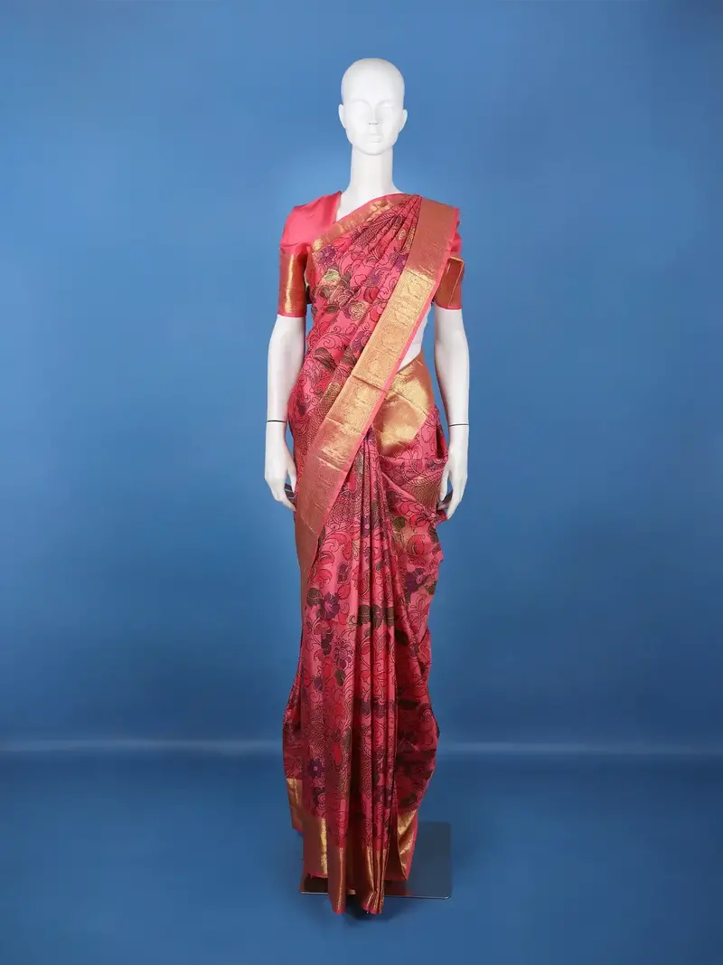 Pink Floral Design Woven Pure Kanchipuram Silk Saree With Zari Border 1