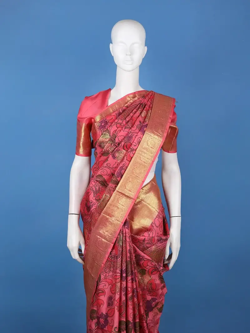 Pink Floral Design Woven Pure Kanchipuram Silk Saree With Zari Border 2