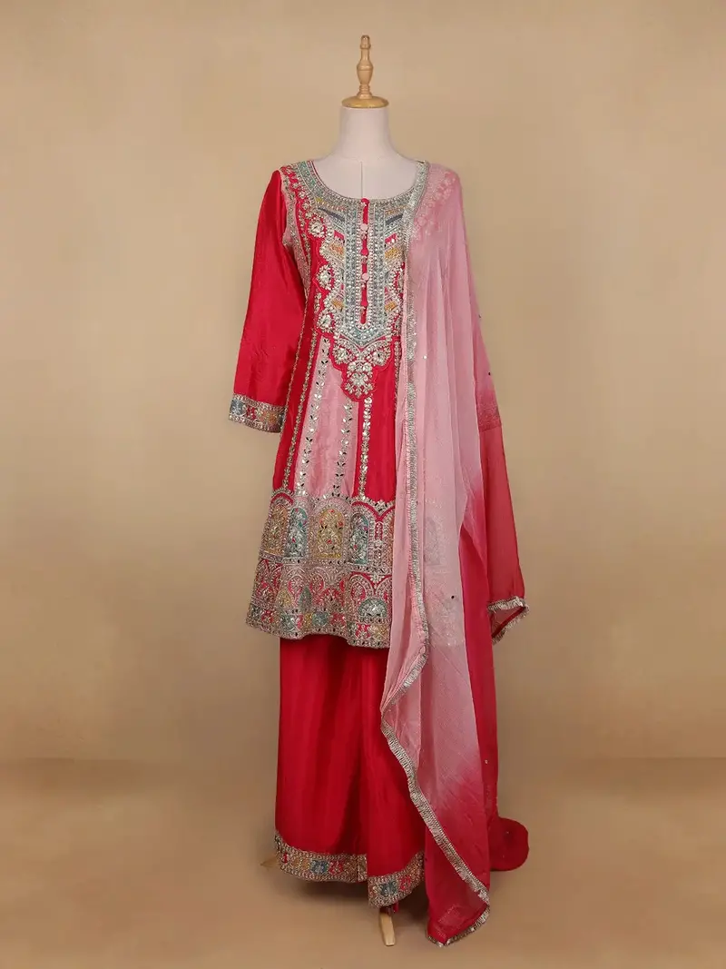 Pink Floral Designed Chiffon Sharara Salwar Suit 1