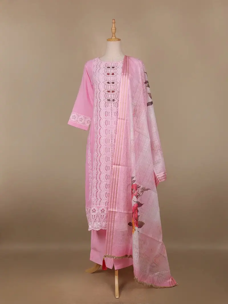 Pink Floral Designed Cotton Straight Cut Salwar Suit 1