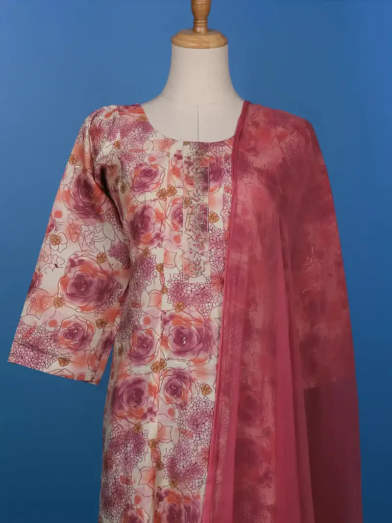 Pink Floral Designed Cotton Straight Cut Salwar Suit 2