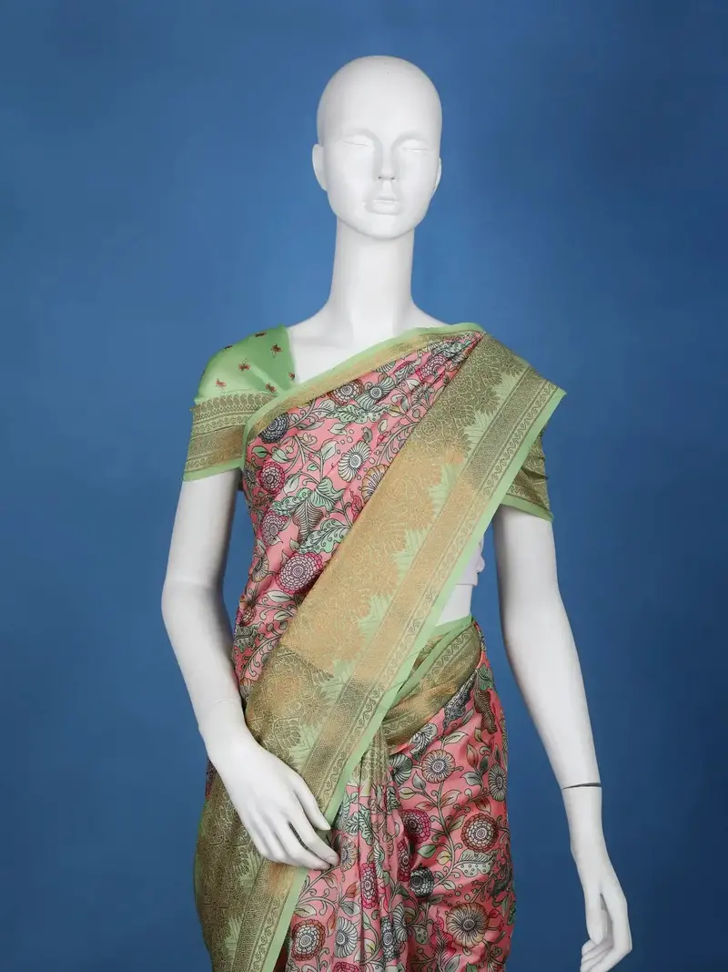 Pink Floral Designed Kora Printed Saree 2
