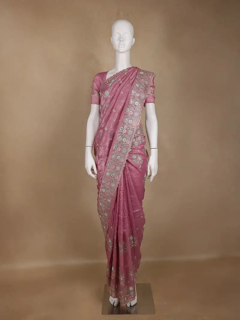 Pink Floral Designed Organza Designer Saree 1