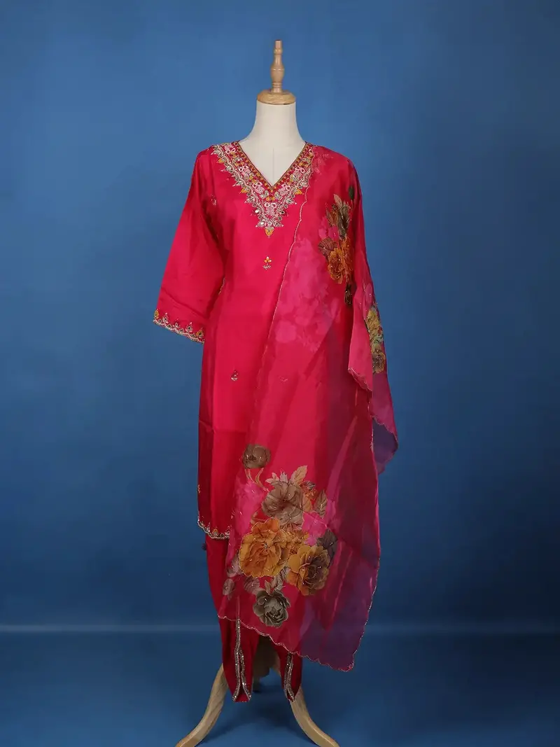 Pink Floral Designed Raw Silk Salwar Suit 1