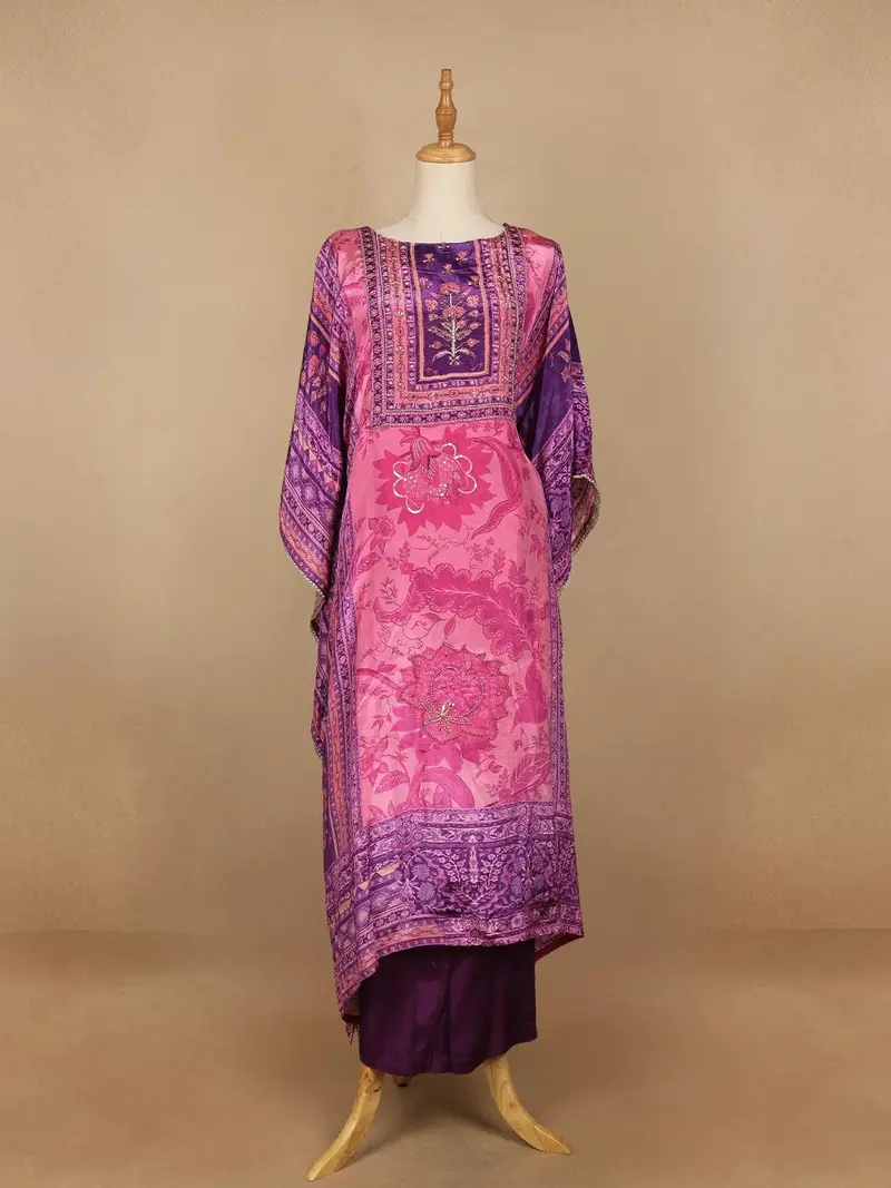 Pink Floral Designed Semi Silk Kaftan Suit 1