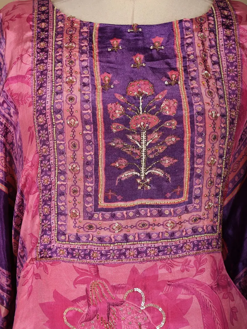 Pink Floral Designed Semi Silk Kaftan Suit 2