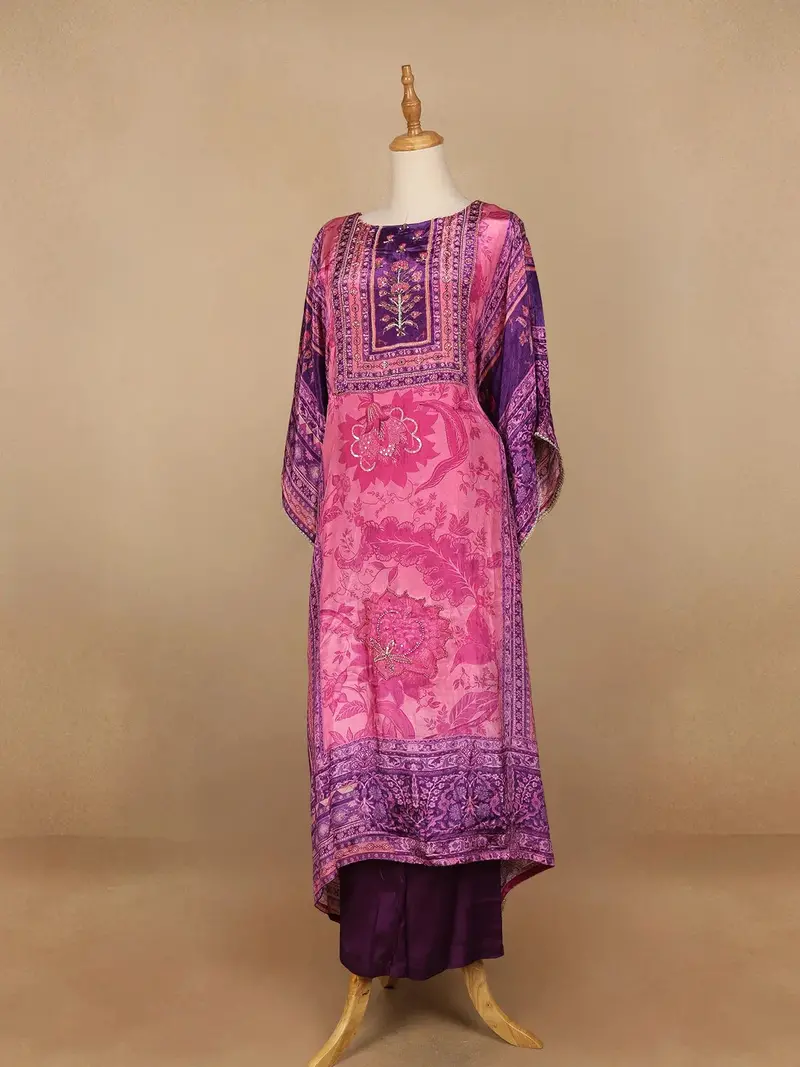 Pink Floral Designed Semi Silk Kaftan Suit 3