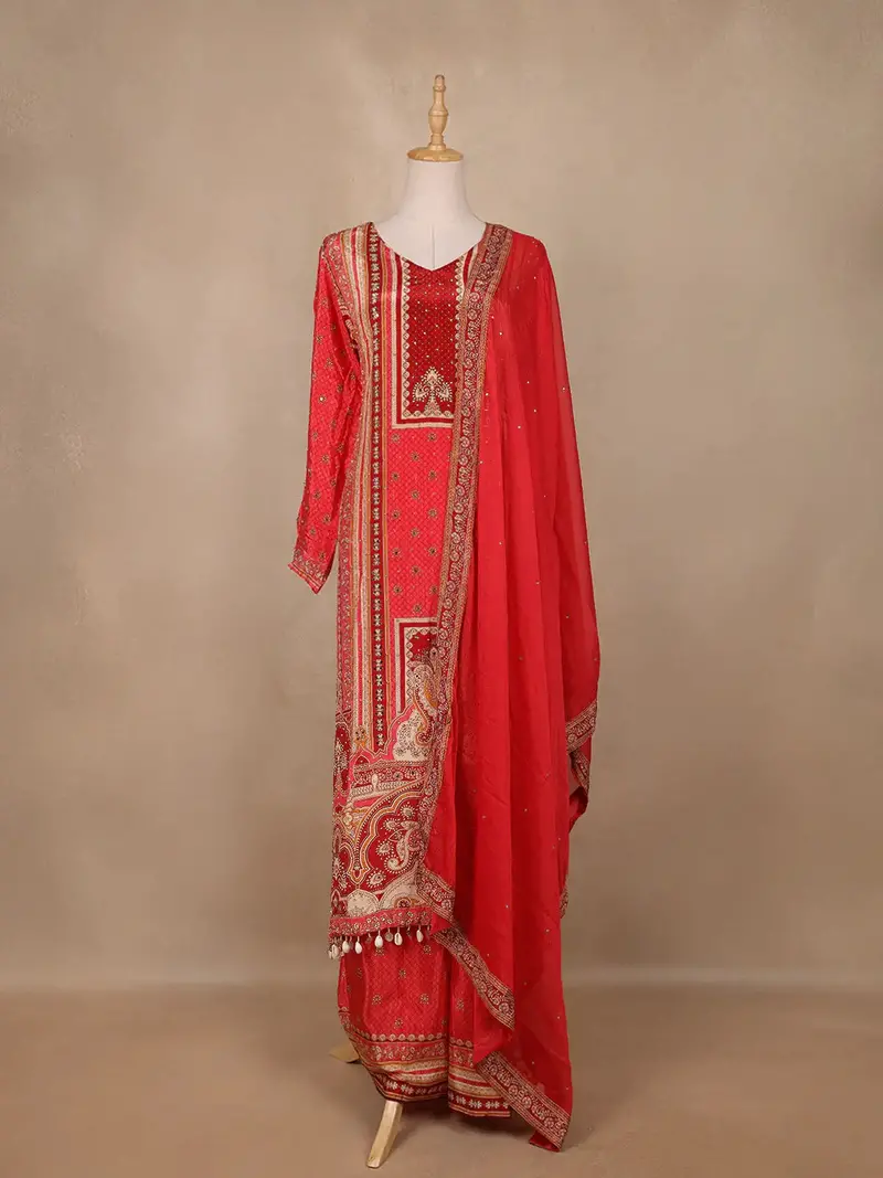 Pink Floral Designed Semi Silk Palazzo Salwar Suit 1