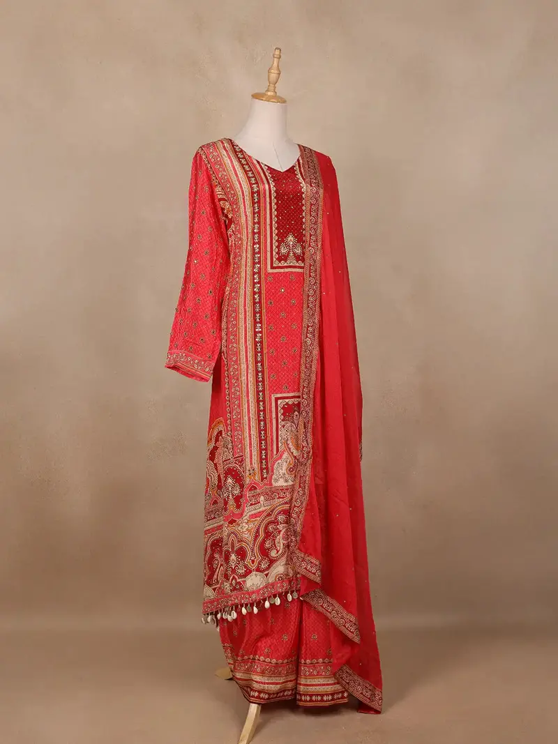 Pink Floral Designed Semi Silk Palazzo Salwar Suit 3
