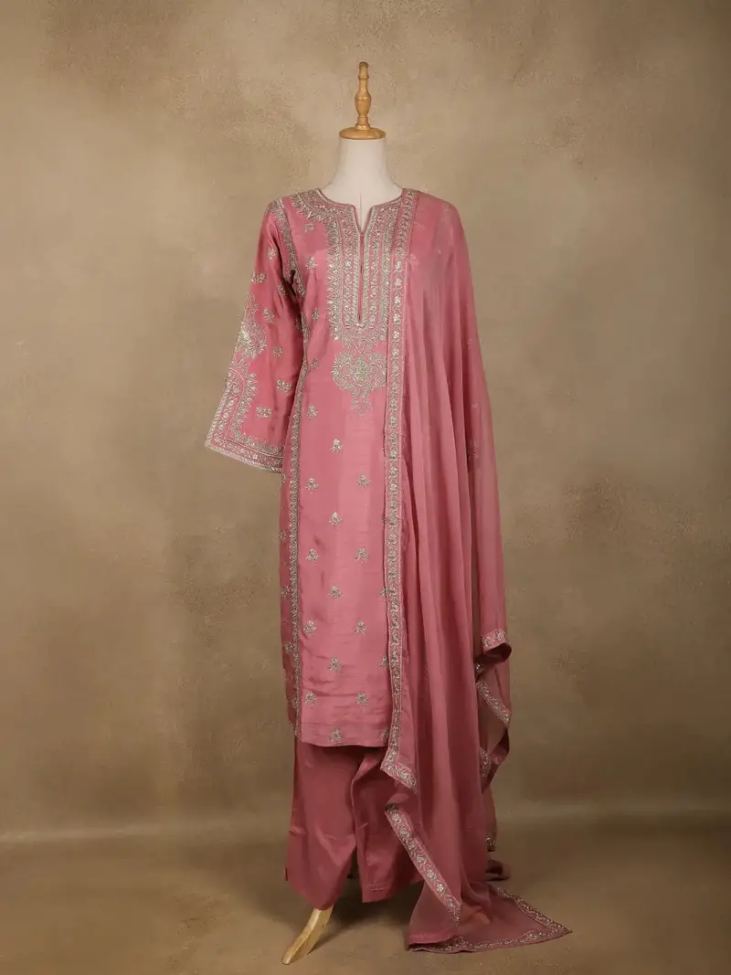 Pink Floral Designed Semi Silk Salwar Suit 1