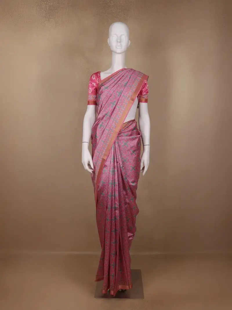 Pink Floral Designed Semi Silk Saree 1