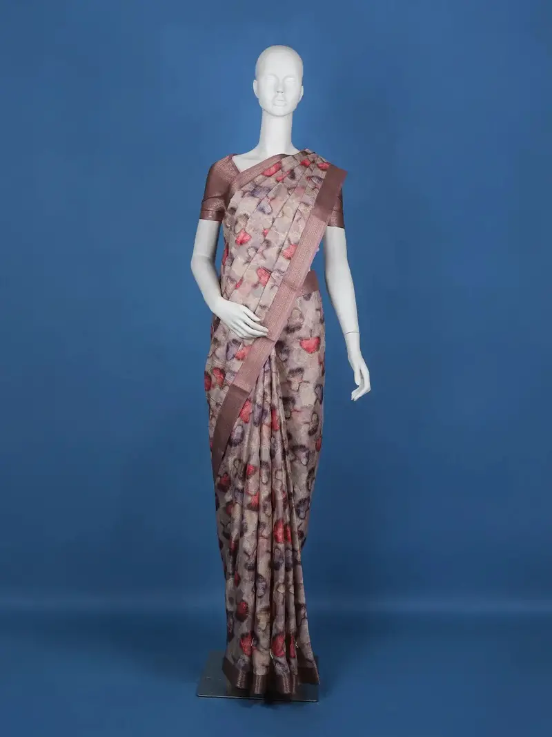 Pink Floral Designed Semi Tussar Saree 1