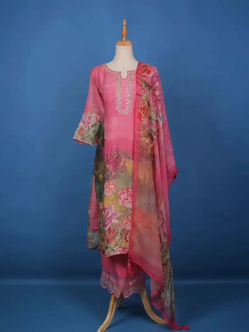 Pink Floral Designed Shimmer Straight Cut Salwar Suit 1