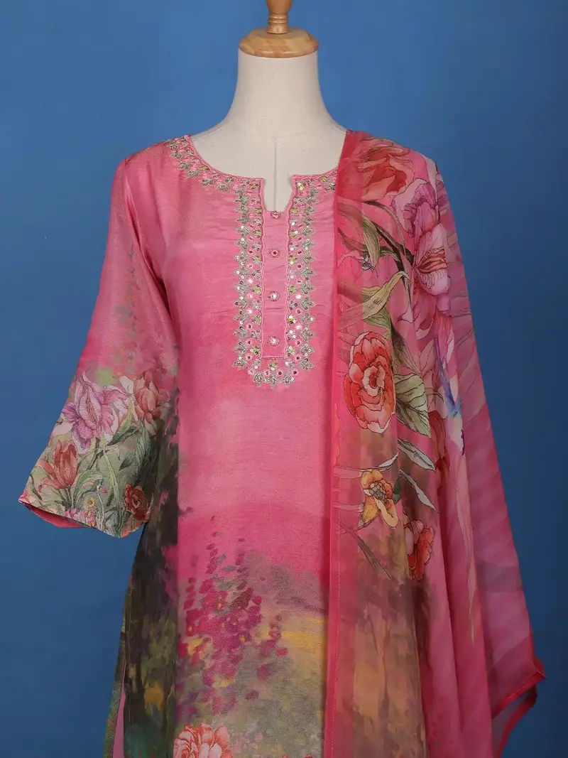 Pink Floral Designed Shimmer Straight Cut Salwar Suit 2