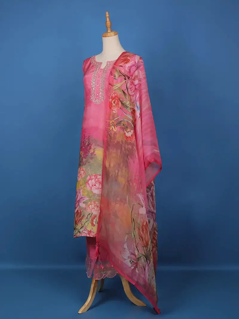 Pink Floral Designed Shimmer Straight Cut Salwar Suit 3
