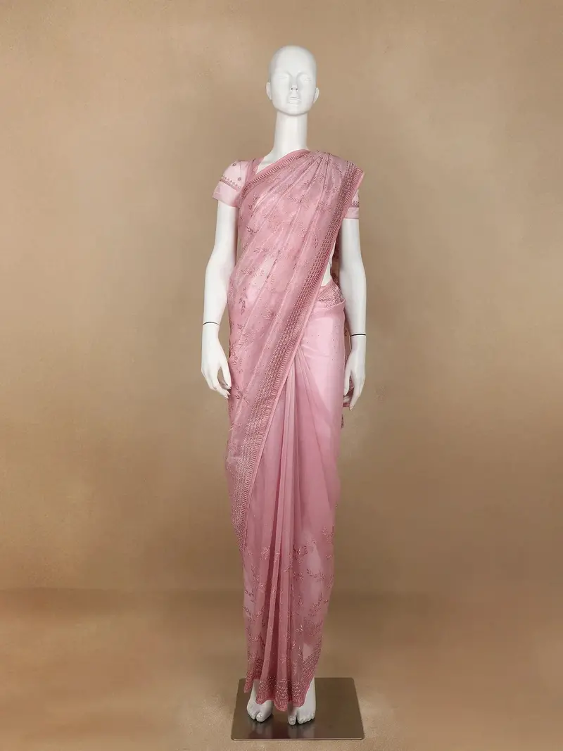 Pink Floral Designed Tissue Organza Saree 1