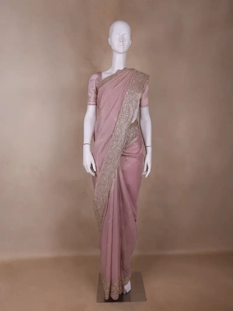 Pink Floral Designed Tissue Organza Saree 1