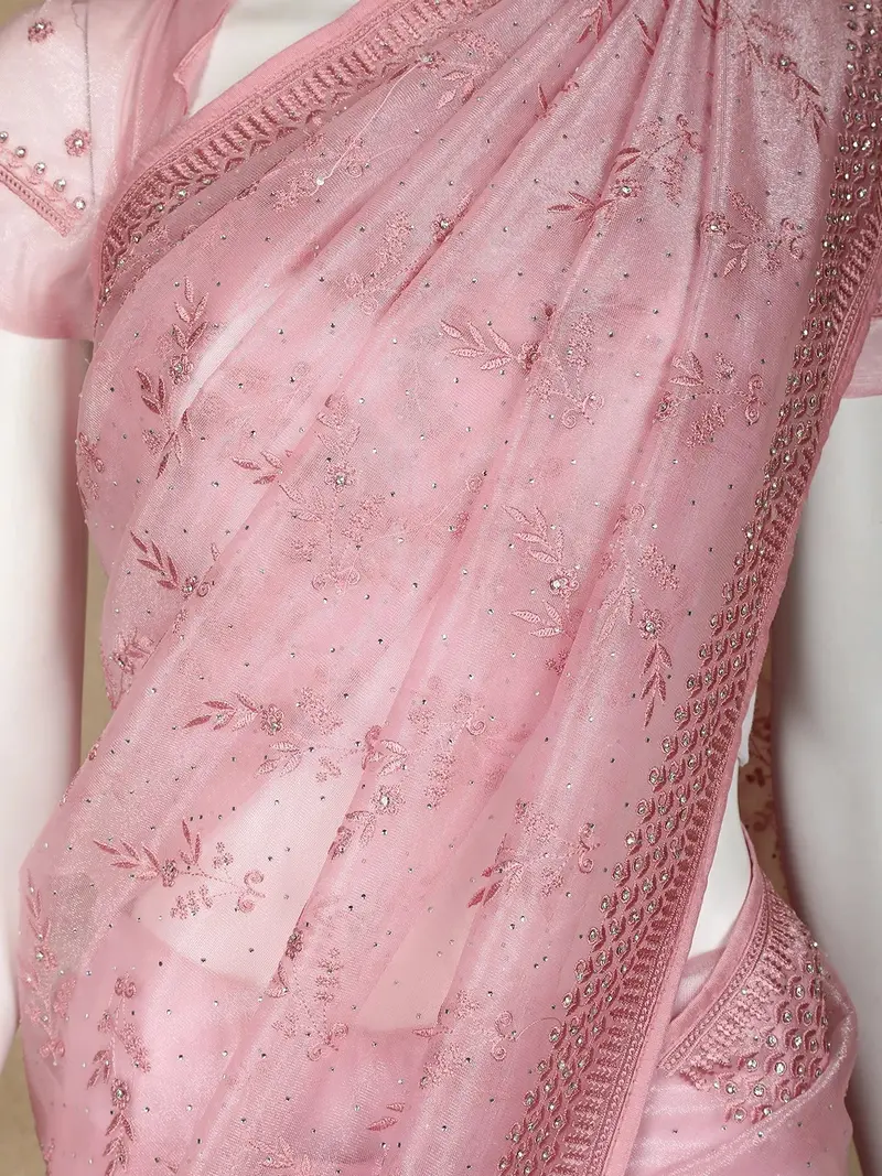 Pink Floral Designed Tissue Organza Saree 2