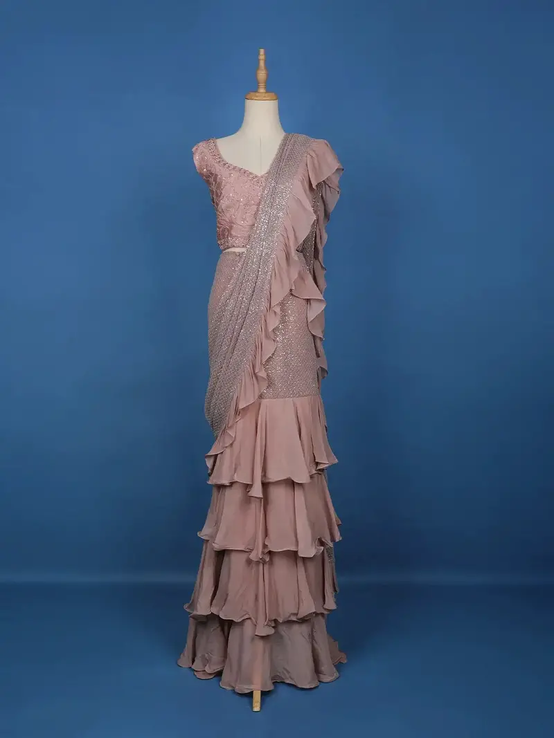 Pink Floral Designs Net Ready To Wear Saree With Designer Blouse 1