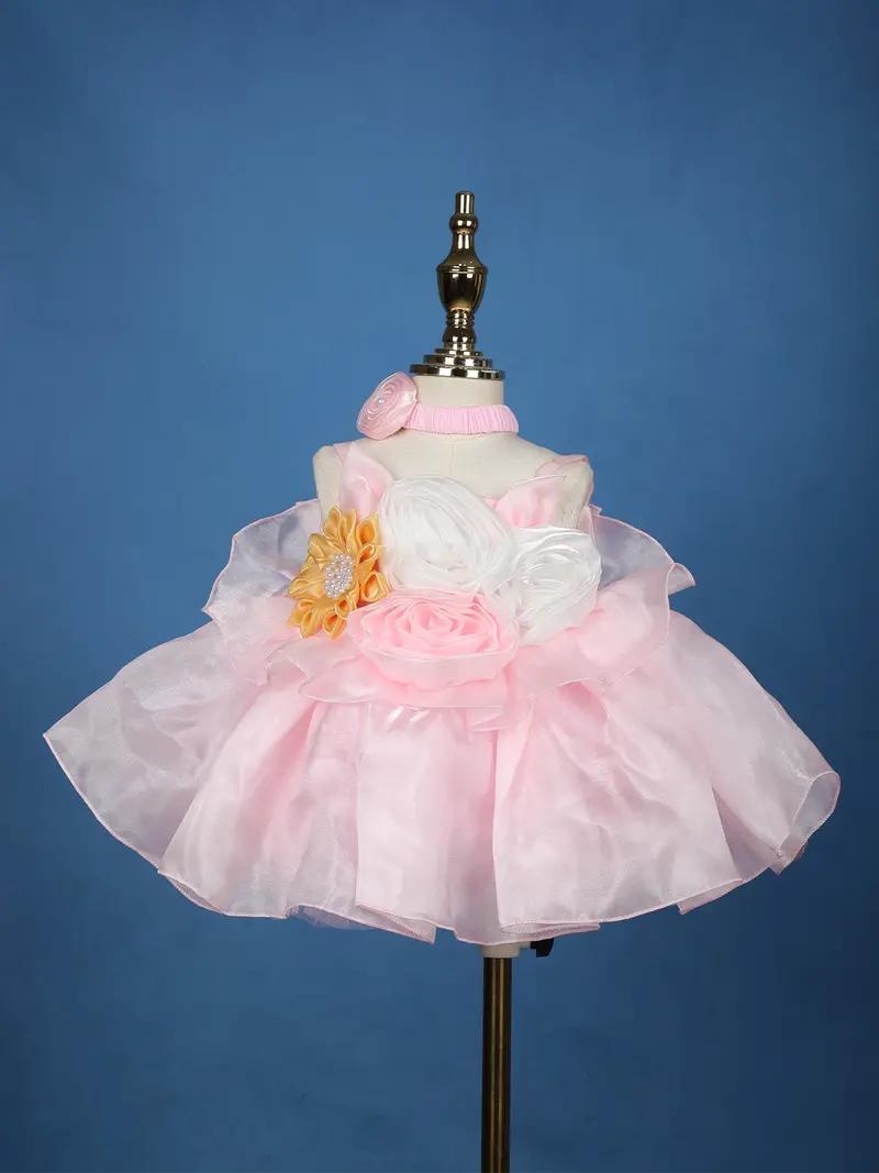 Pink Floral Embellished Satin Organza Party Frock With Oversized Rosette Design 1