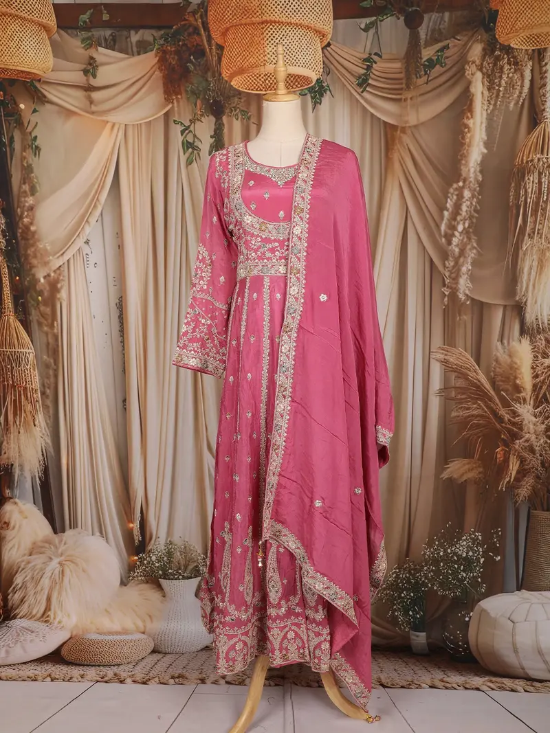 Pink Floral Embroidered Chiffon Anarkali Salwar Suit 1