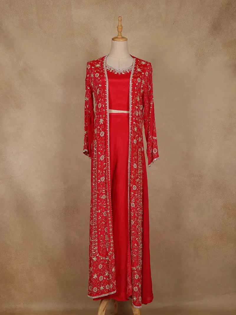 Pink Floral Embroidered Chiffon Palazzo Suit With Jacket 1
