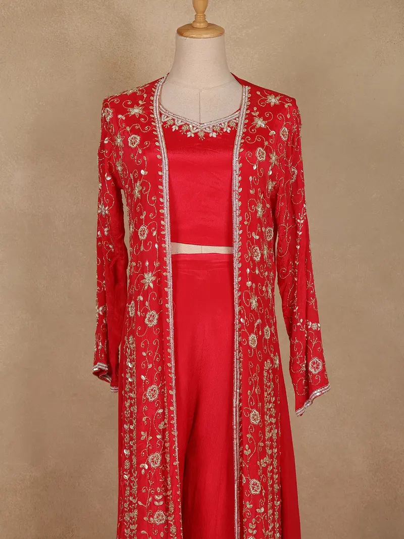 Pink Floral Embroidered Chiffon Palazzo Suit With Jacket 2