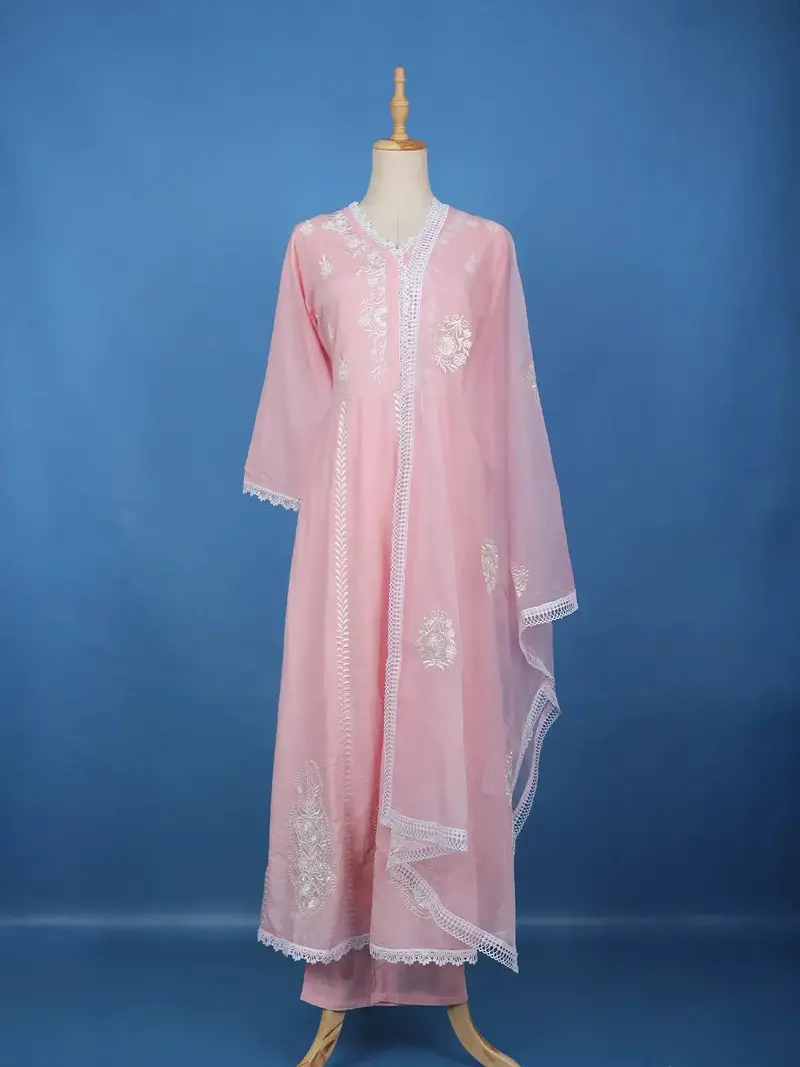 Pink Floral Embroidered Cotton Anarkali Salwar Suit With Dupatta 1