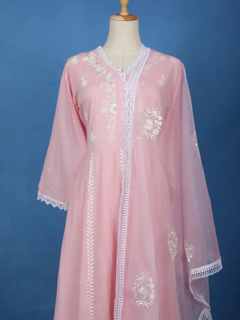 Pink Floral Embroidered Cotton Anarkali Salwar Suit With Dupatta 2
