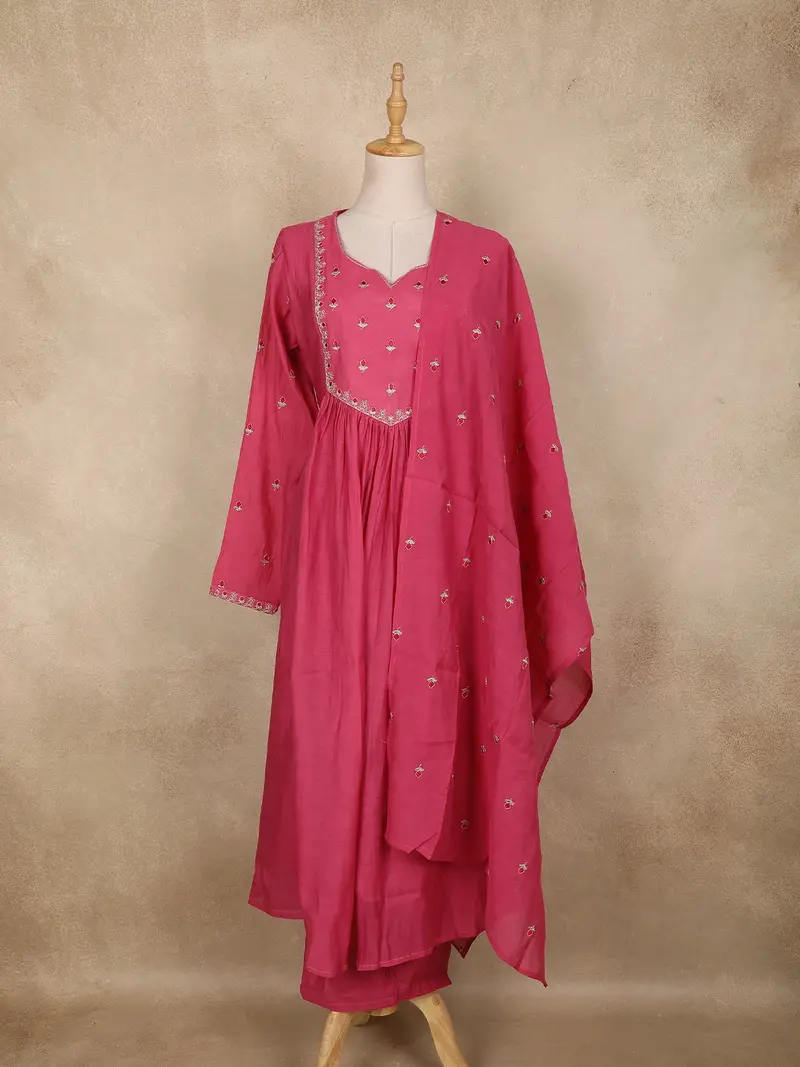 Pink Floral Embroidered Cotton Salwar Suit With Dupatta 1
