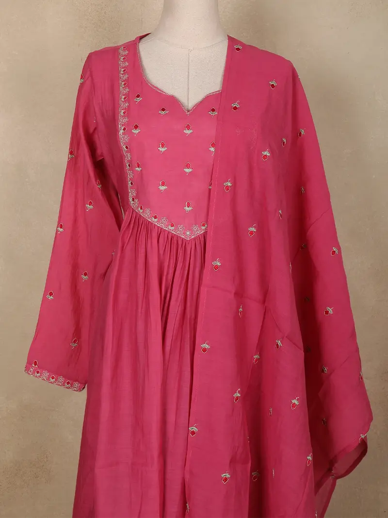Pink Floral Embroidered Cotton Salwar Suit With Dupatta 2