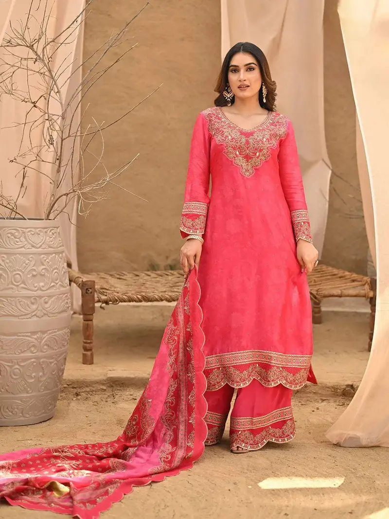 Pink Floral Embroidered Crepe Palazzo Salwar Suit 1