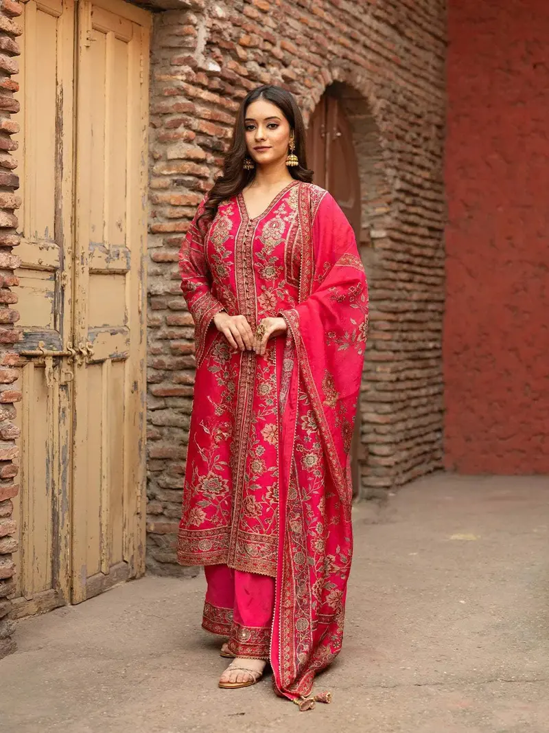 Pink Floral Embroidered Crepe Palazzo Salwar Suit 4