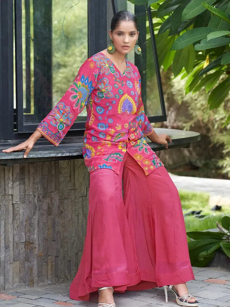 Pink Floral Embroidered Crepe Palazzo Salwar Suit Online 1