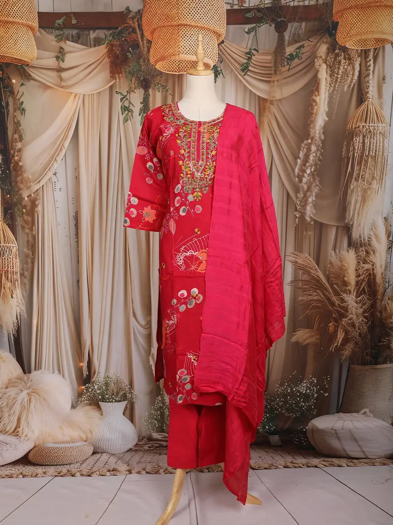 Pink Floral Embroidered Design Cotton Straight Cut Salwar Suit With Dupatta 1