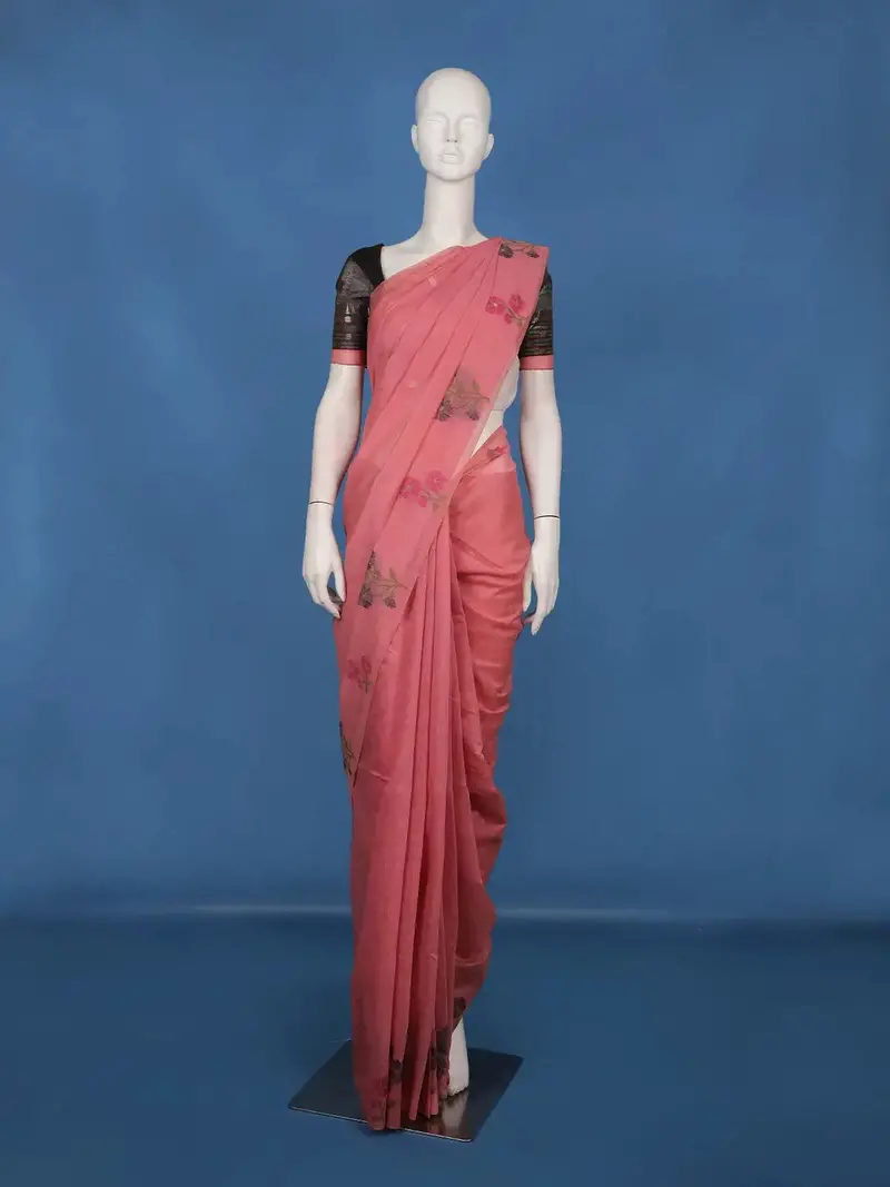 Pink Floral Embroidered Design Pure Cotton Saree 1