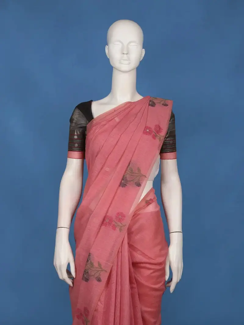 Pink Floral Embroidered Design Pure Cotton Saree 2