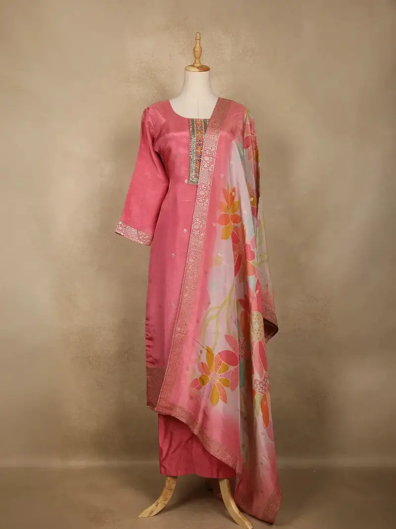 Pink Floral Embroidered Design Tissue Salwar Suit 1
