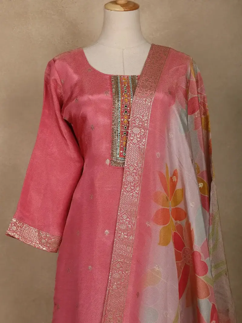 Pink Floral Embroidered Design Tissue Salwar Suit 2