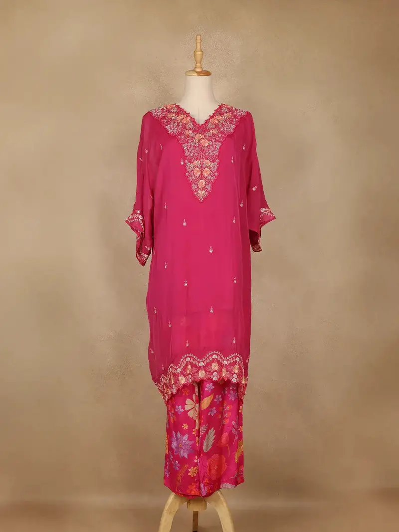 Pink Floral Embroidered Georgette Kaftan Suit 1
