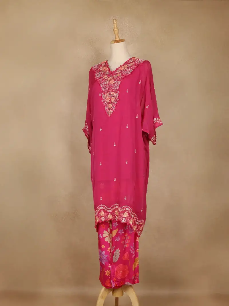 Pink Floral Embroidered Georgette Kaftan Suit 3