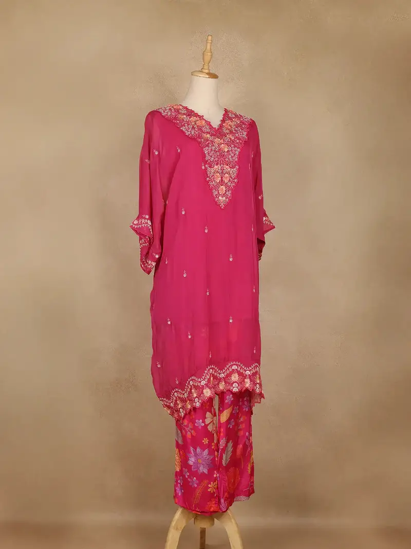 Pink Floral Embroidered Georgette Kaftan Suit 4