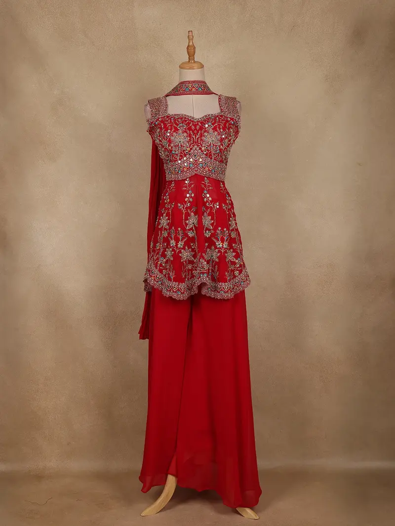 Pink Floral Embroidered Georgette Palazzo Suit With Dupatta 1